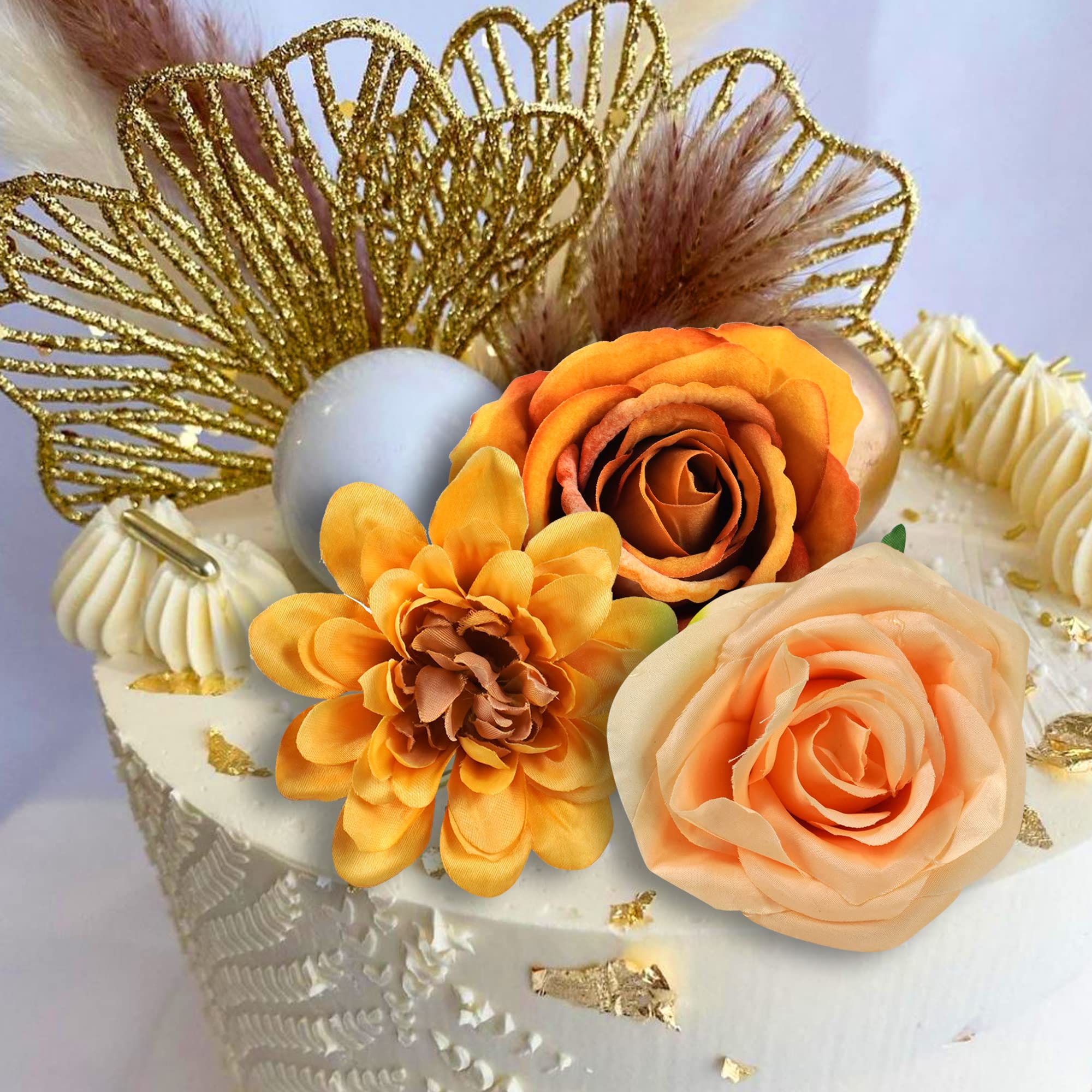 10PCS Boho Cake Topper Flower Cake Topper Gold Palm Leaves Cake Decorations with Artificial Cotton Rose Ginkgo Leaves and Balls for Birthday Party Wedding Baby Shower Boho Themed Party Supplies