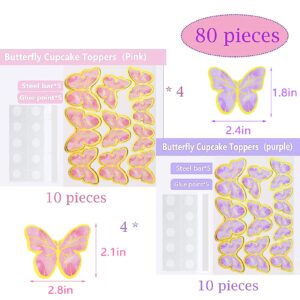 80Pcs Butterfly Cake Toppers Set Happy Birthday 3D Mixed Color Pink Purple Cupcake Picks Butterfly Cupcake Topper with Dot Glue Decorations for Anniversary Party Wedding Wall Decor Supplies