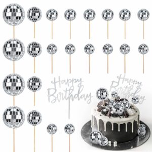 JOERSH 23pcs Disco Ball Cupcake Toppers Happy Birthday Cake Topper - 1970s Disco Ball Cake Picks Disco Theme Cake Decorations for Disco Theme Party 70s Disco Party Favor