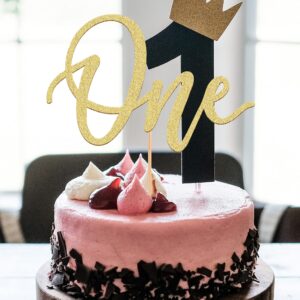 MYAMPED First Birthday Cake Topper - Glitter Gold One Sign 1st birthday Cake Decorating Supplies, Suitable for Baby Shower Favors, Baby Gender Reveal, Baby Birthday Party or Baby Photo Booth Props