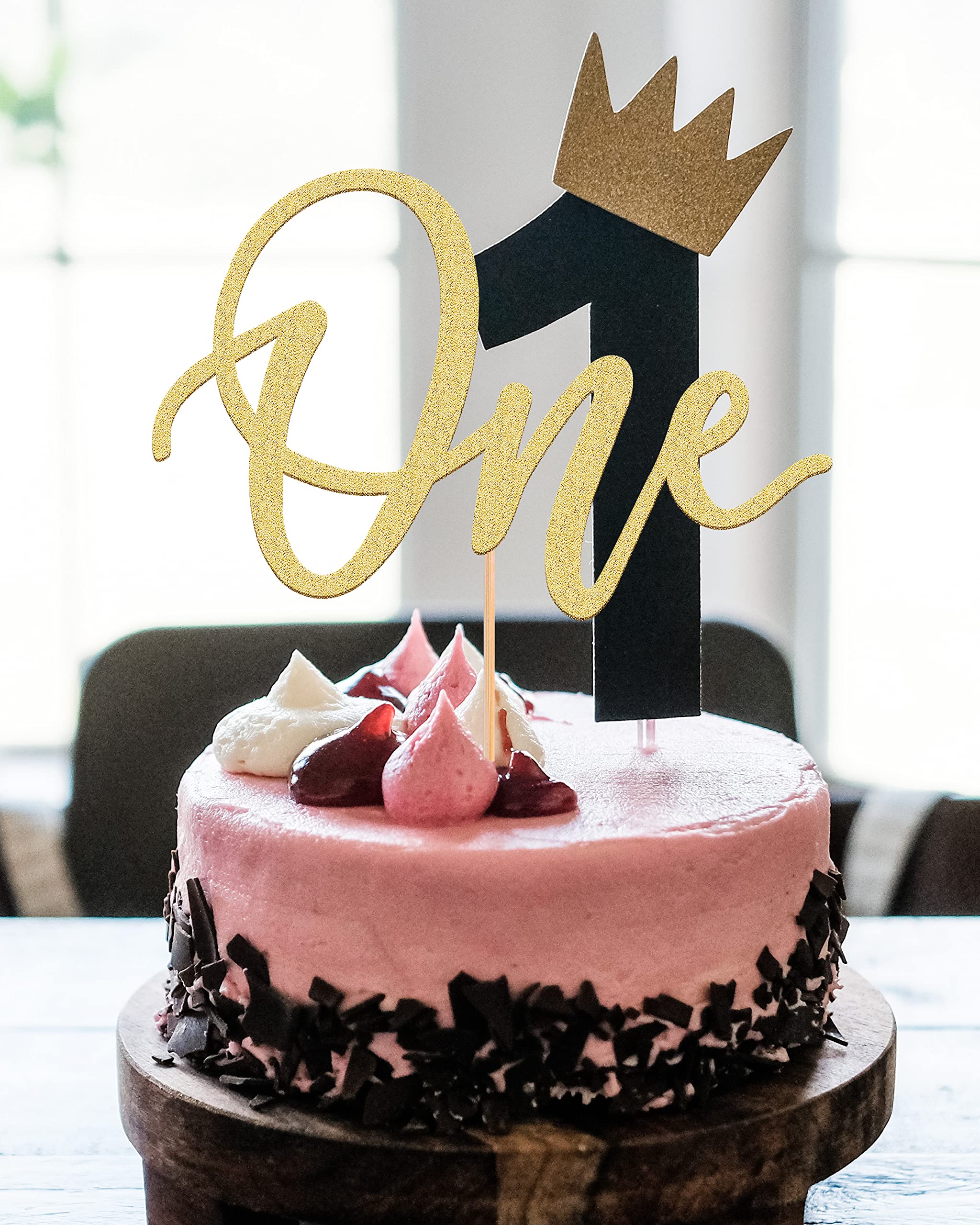 MYAMPED First Birthday Cake Topper - Glitter Gold One Sign 1st birthday Cake Decorating Supplies, Suitable for Baby Shower Favors, Baby Gender Reveal, Baby Birthday Party or Baby Photo Booth Props