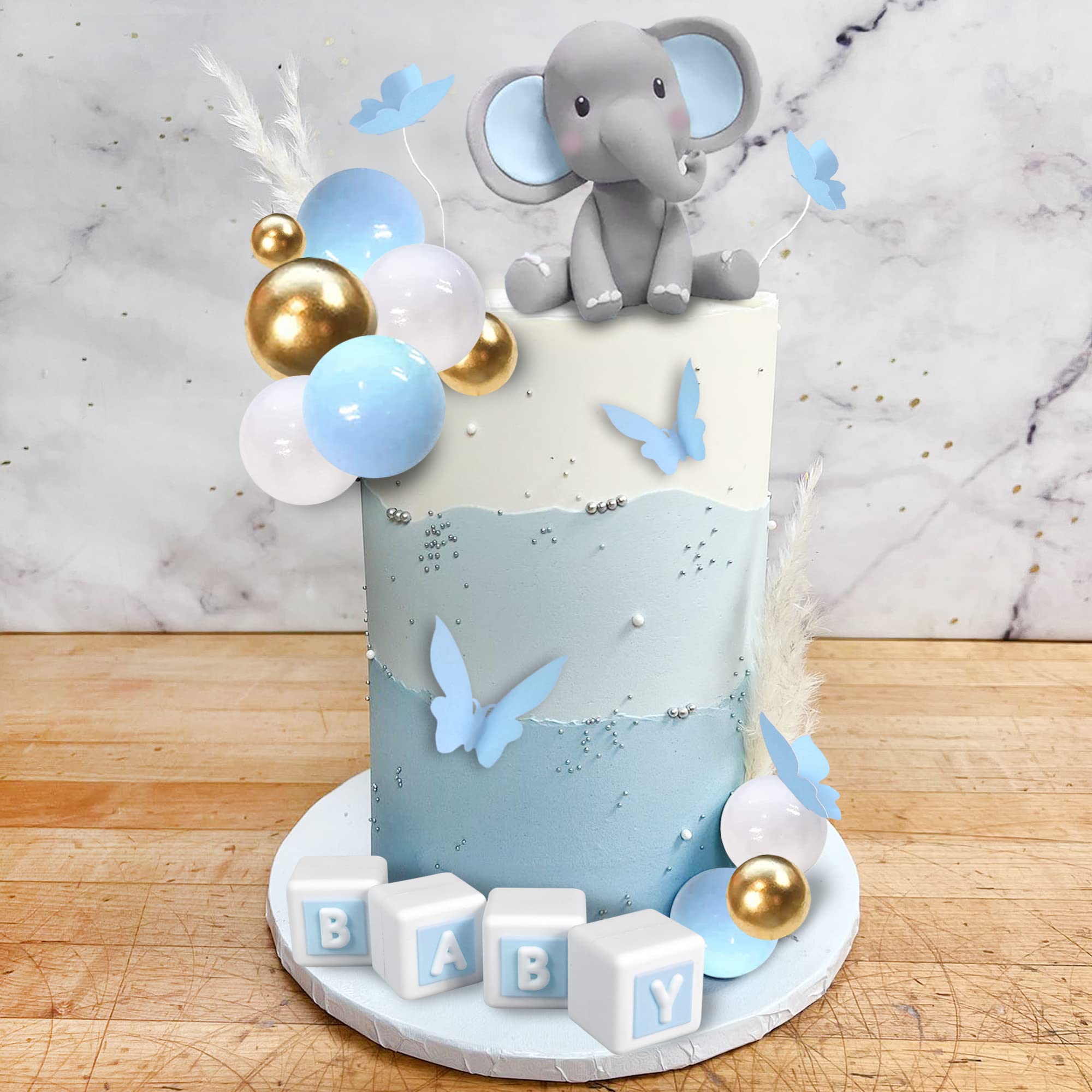 Elephant Cake Decoration Mini Elephant Cake Topper Blue BABY Letter Cake Toppers Gold Blue White Pearl Ball for Baby Shower Boy Elephant Theme Birthday Party Supplies (BLUE)