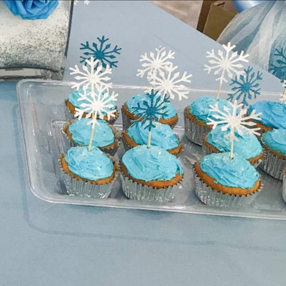 PartyWoo Frozen Cake Toppers, 20 pcs Snowflakes Cupcake Topper, Happy Birthday Cake Topper Set, Silver and Blue Birthday Cake Topper for Frozen Birthday Decorations, Glitter Cake Decorations