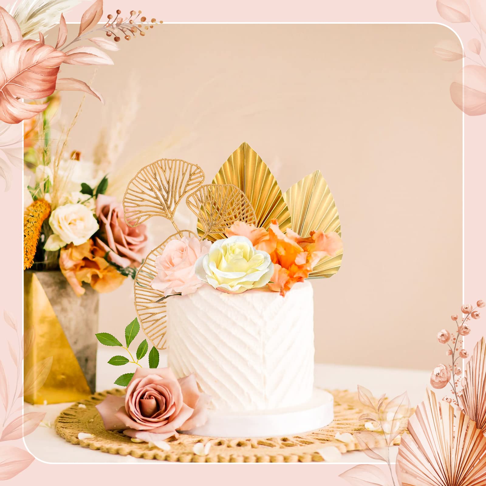 Flower Cake Toppers Boho Cake Decorations Happy Birthday Cake Toppers with Artificial Rose Gold Palm Leaves Ginkgo Leaves and Balls for Mother's Day Birthday Party Wedding Baby Shower