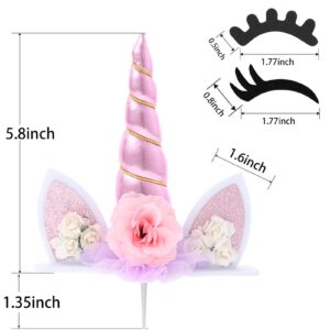 Unicorn Cake Topper Unicorn Birthday Party Supplies Unicorn Cake Decoration Pink Unicorn Horn Cake Topper Unicorn Birthday Decorations for Girls First Birthday Cake Topper with Eyelashes, 5.8 Inch