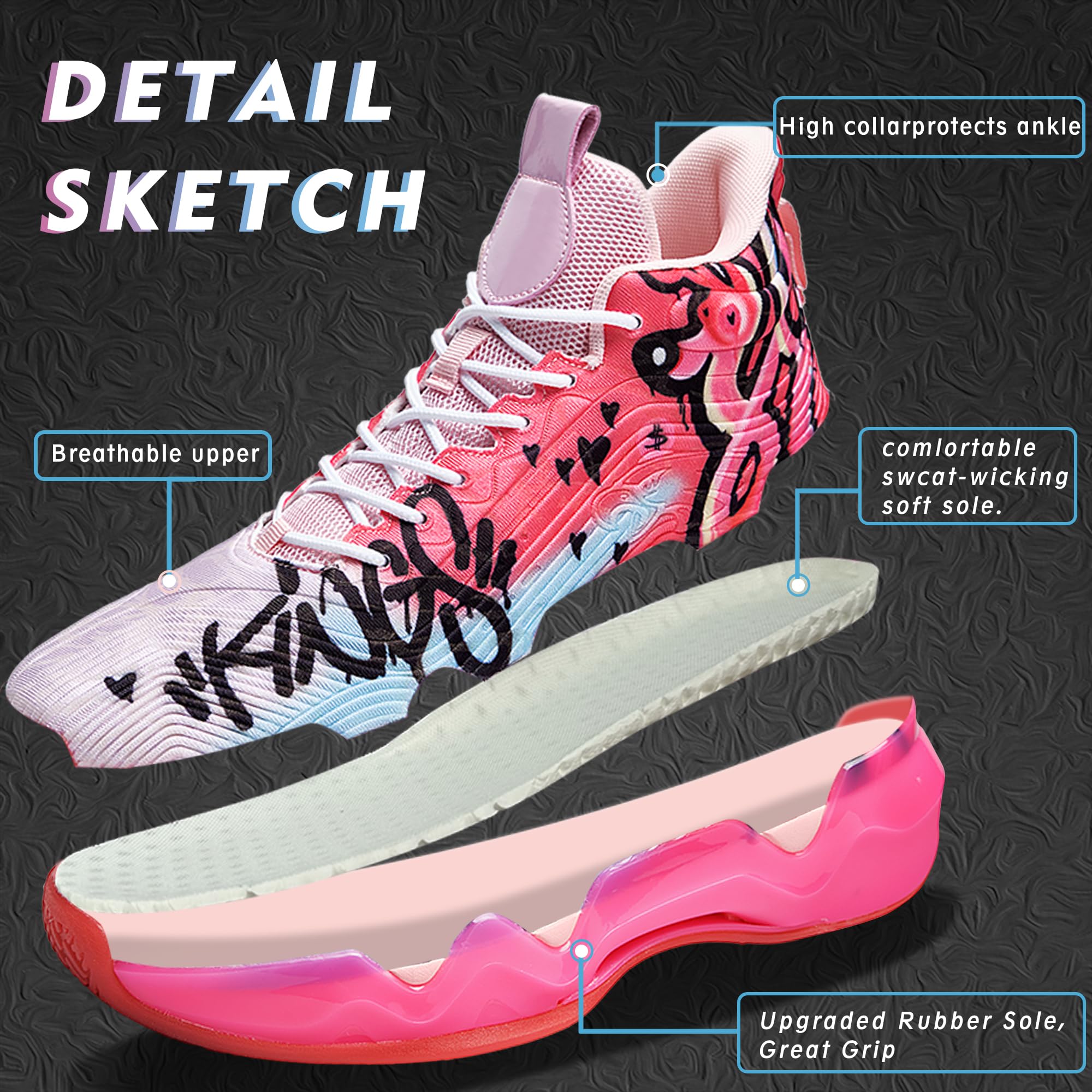 Promenie Men's High-Top Basketball Shoes Graffiti-Inspired Athletic Footwear with Superior Support Anti-Slip Design Outstanding Durability Pink Size 8.5