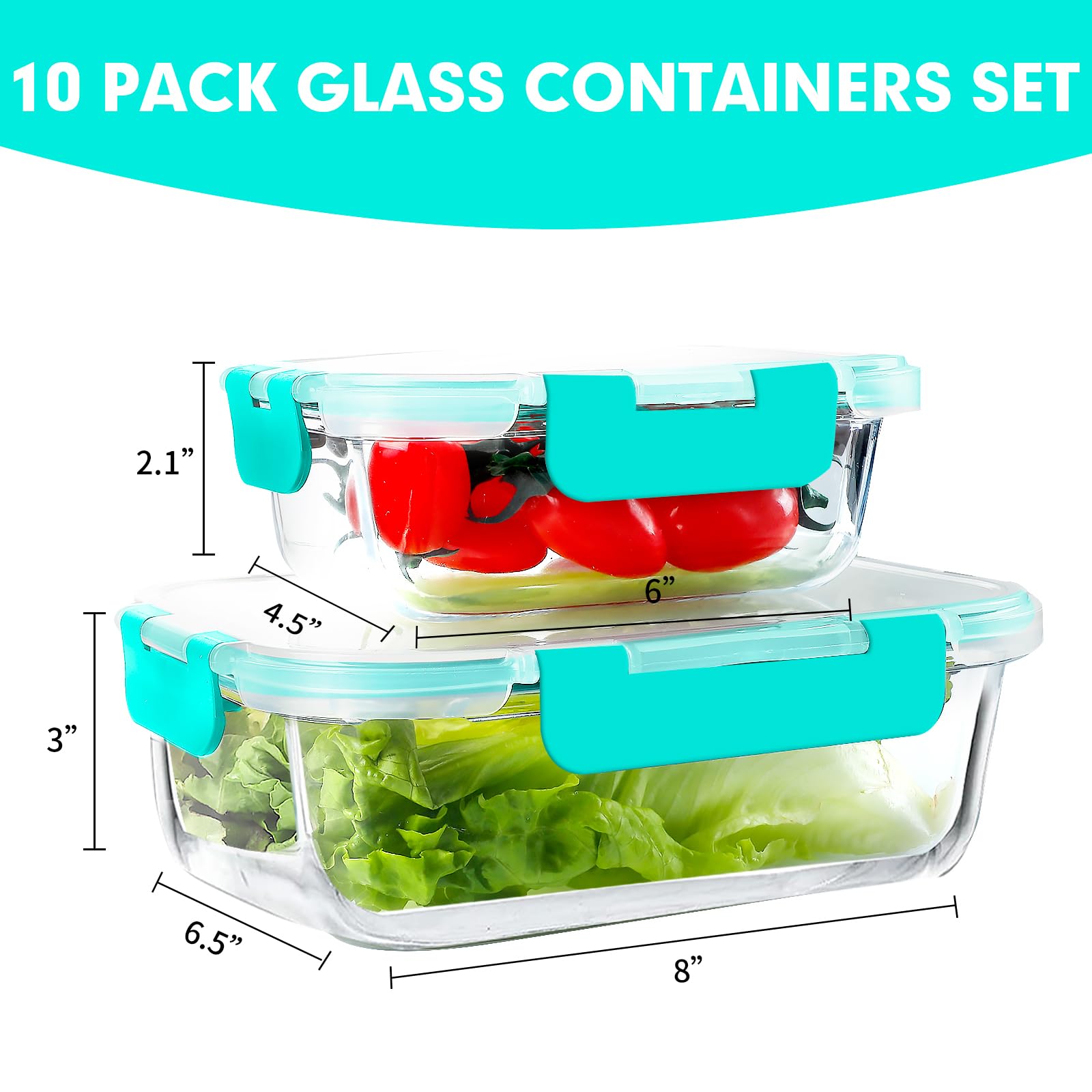 VERONES 10Pack Glass Meal Prep Containers, Airtight Glass Lunch Containers,Stackable Glass Food Storage Containers Set with Lids,Exclusive of BPA, for Microwave,Oven, Freezer&Dishwasher Friendly,Green