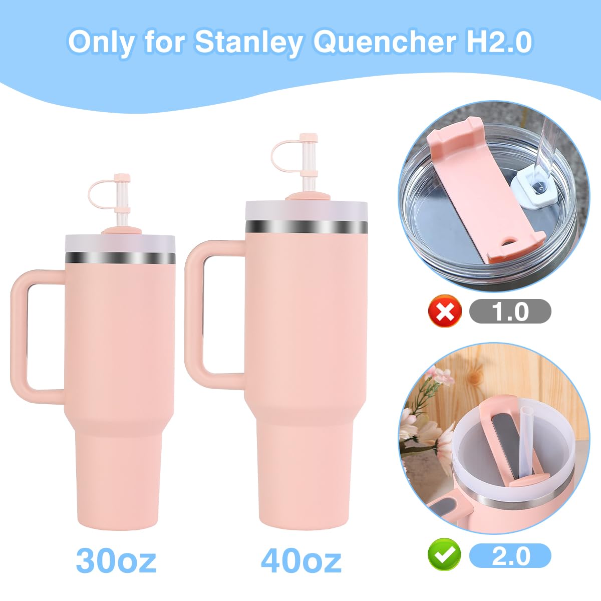 BGAANM Silicone Spill Proof Stopper Set Compatible with Stanley Quencher H2.0 FlowState Tumbler 40oz/ 30oz, Accessories Include 2 Straw Cover Cap, 2 Square Spill Stopper, 2 Round Leak Stopper (White)