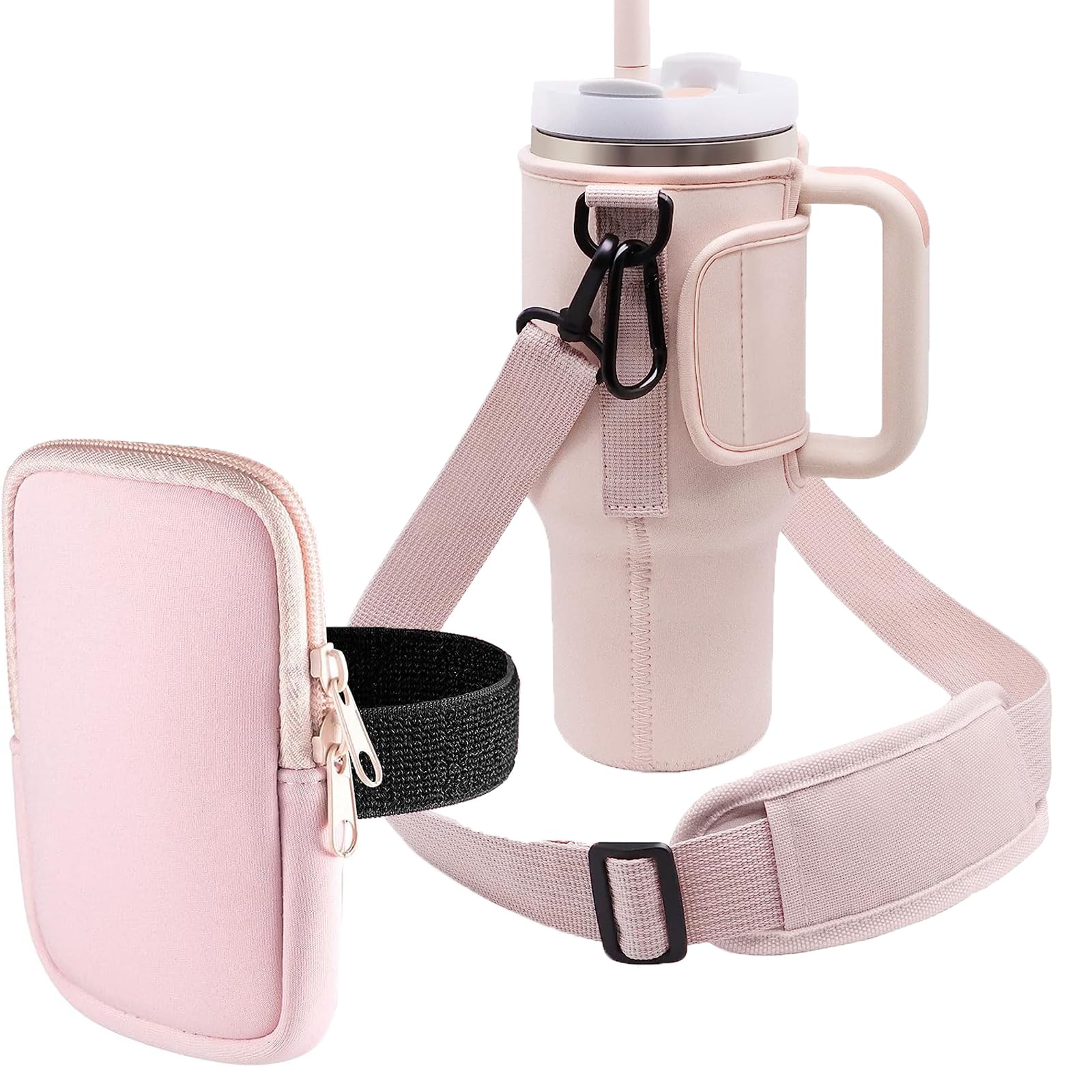 Water Bottle Pouch & Water Bottle Holder with Strap Set, Adjustable Shoulder Hand Strap Removable Fanny Pack Water Bottle Accessories for Stanley Quencher H2.0 Flowstate Tumbler 30 oz 40 oz Pink