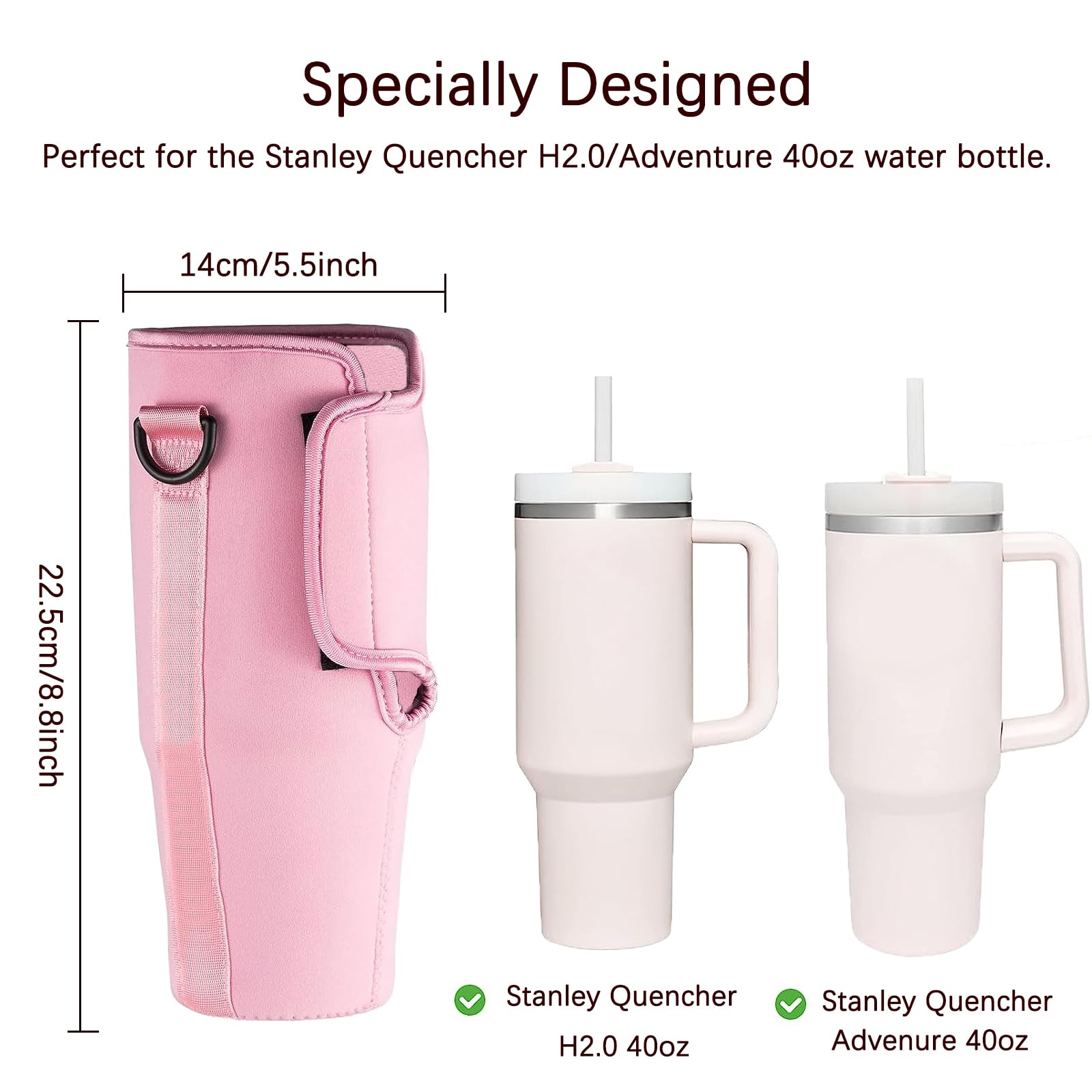 Water Bottle Pouch & Water Bottle Holder with Strap Set, Adjustable Shoulder Hand Strap Removable Fanny Pack Water Bottle Accessories for Stanley Quencher H2.0 Flowstate Tumbler 30 oz 40 oz Pink