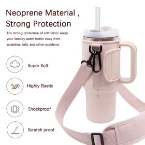 Water Bottle Pouch & Water Bottle Holder with Strap Set, Adjustable Shoulder Hand Strap Removable Fanny Pack Water Bottle Accessories for Stanley Quencher H2.0 Flowstate Tumbler 30 oz 40 oz Pink