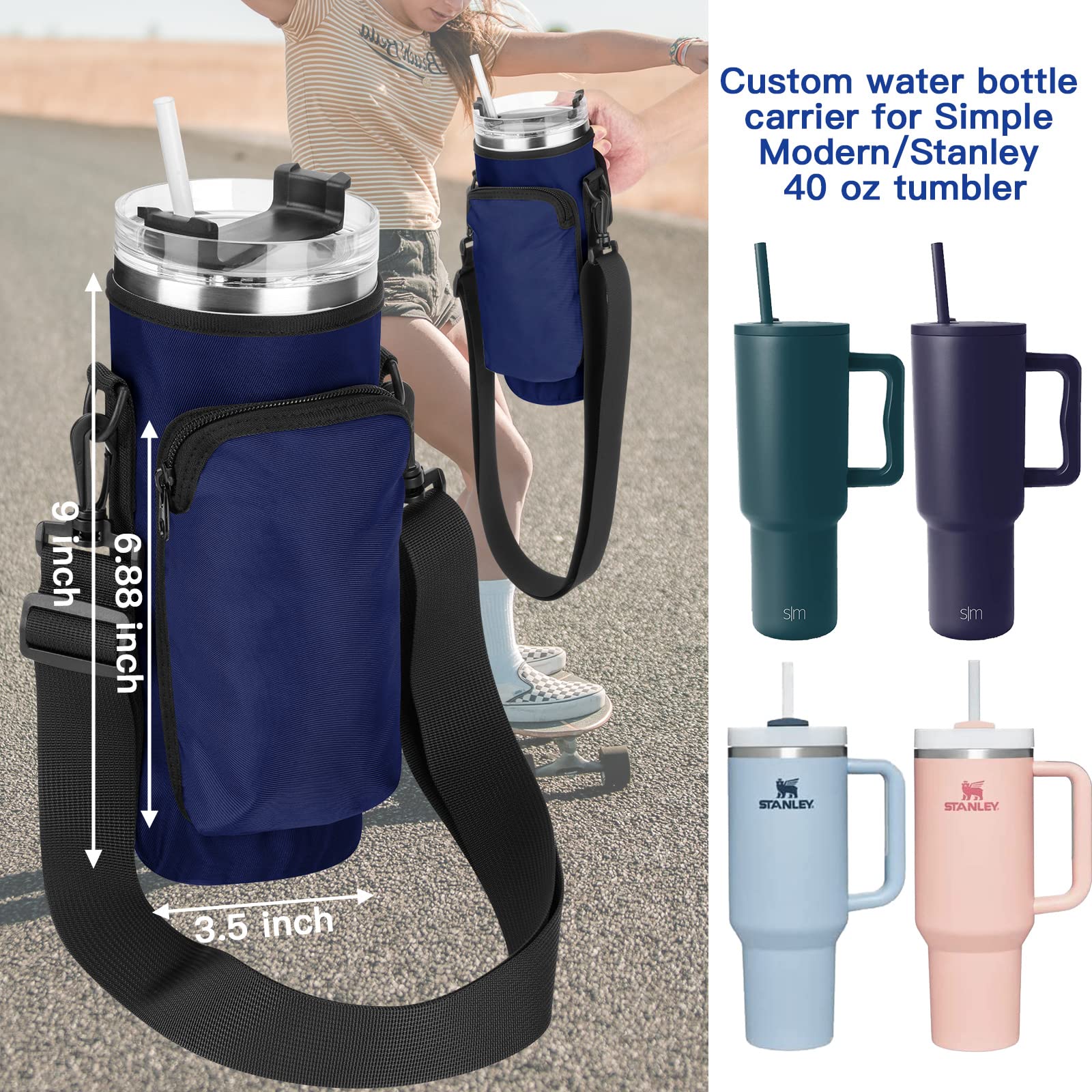 Xxerciz Water Bottle Carrier Bag with Phone Pocket for Stanley 40oz Tumbler with Handle, Nylon Water Bottle Holder Pouch with Adjustable Strap, Bottle Sling Sleeve for Stanley Cup Accessories