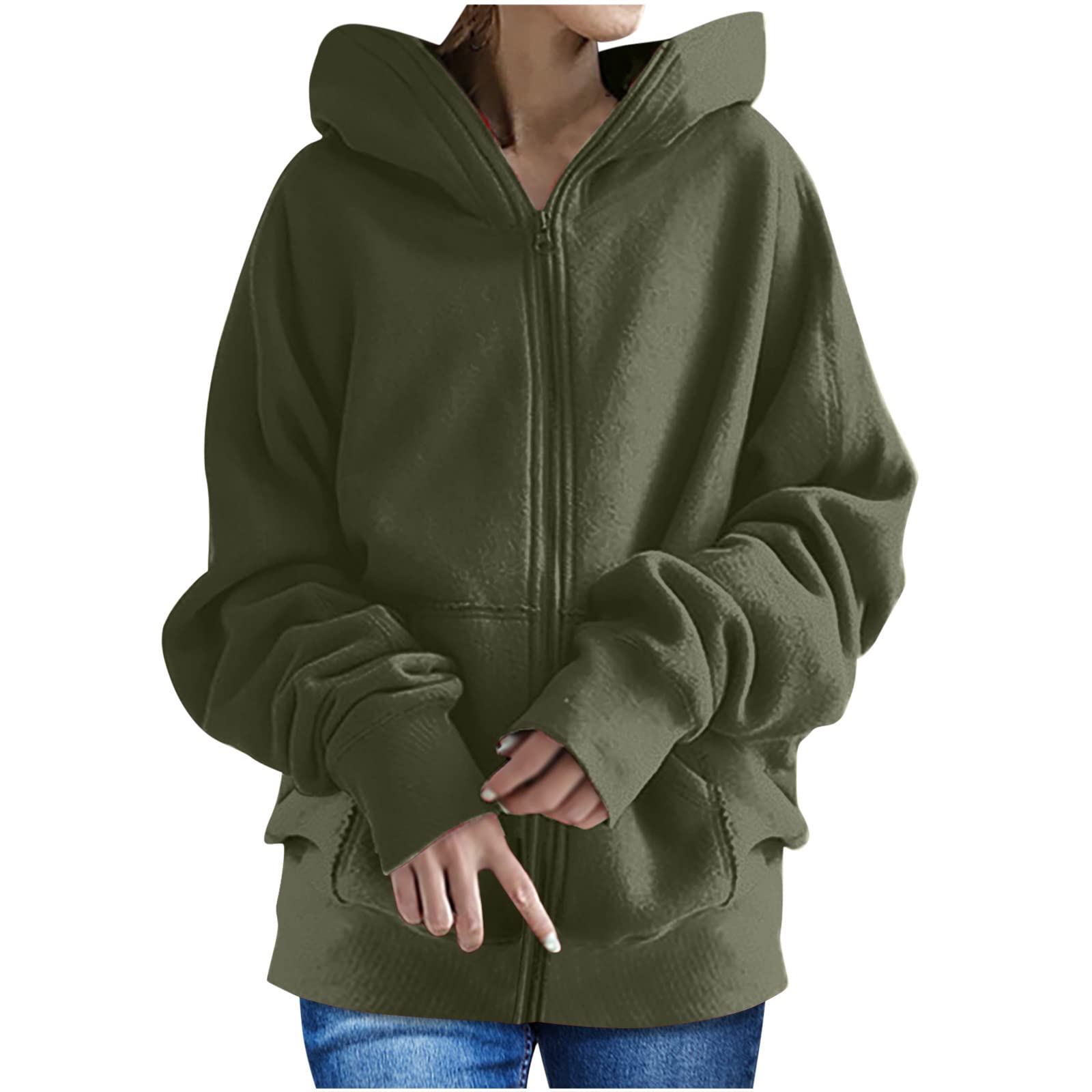 LFEOOST Womens Hoodies Full Zip Tunic Sweatshirts Fashion 2022 Winter Long Sleeve Solid Color Loose Hoodie Jacket with Pocket