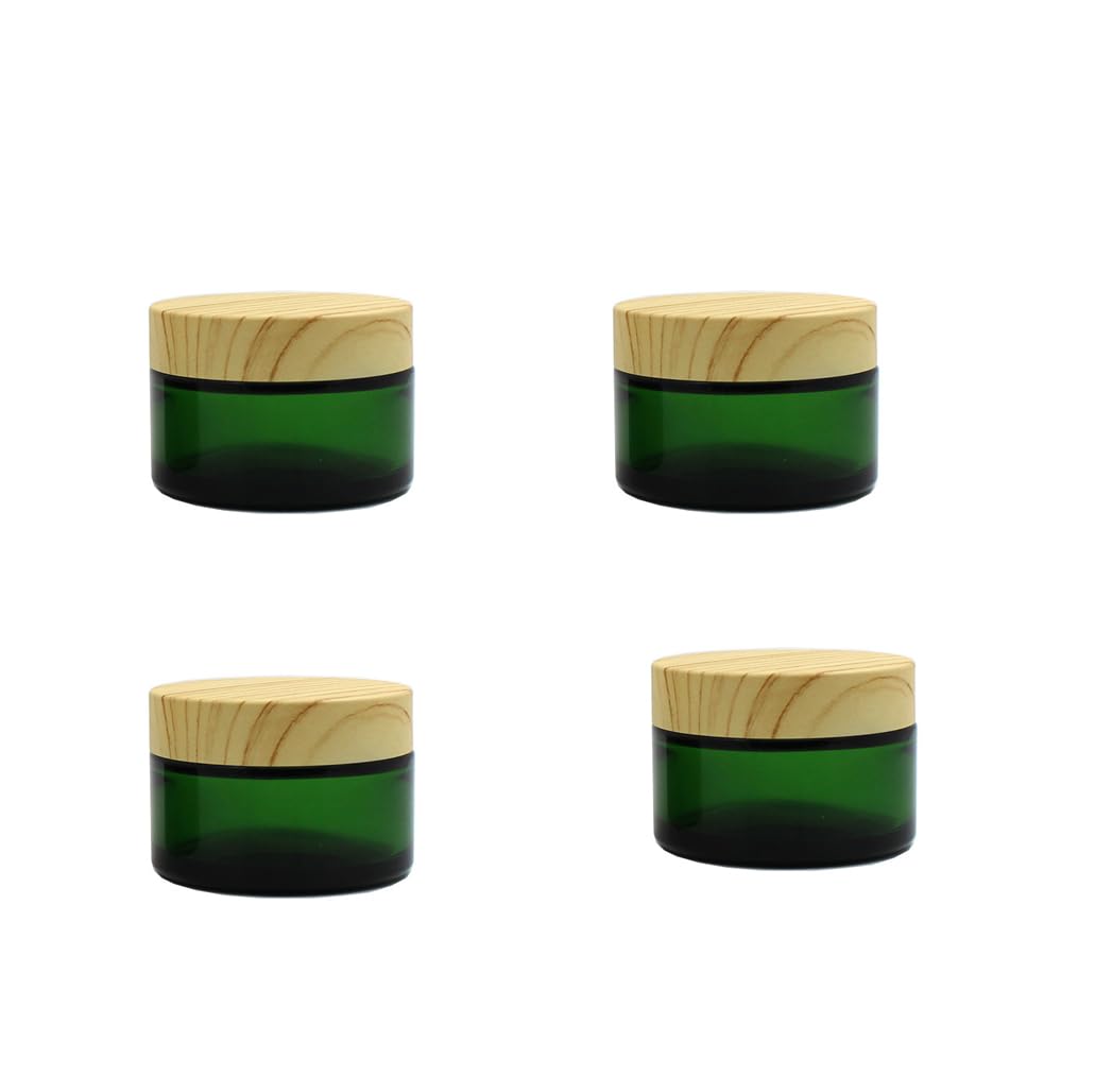 4Pack 30g 1 oz Glass Cream Jars,Green Empty Sample Jars Cosmetic Containers Pot with Wood Grain Lids for Lotion,Cream,Lip Balm,Eye Cream,Scrubs Creams,Oils Salves,Ointments (Green)