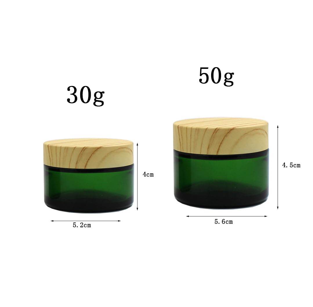 4Pack 30g 1 oz Glass Cream Jars,Green Empty Sample Jars Cosmetic Containers Pot with Wood Grain Lids for Lotion,Cream,Lip Balm,Eye Cream,Scrubs Creams,Oils Salves,Ointments (Green)