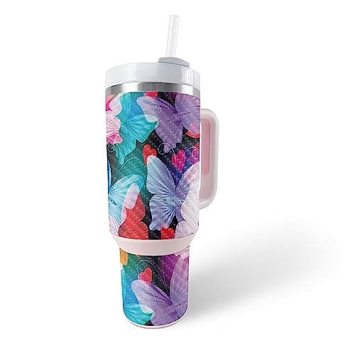 MightySkins Carbon Fiber Skin Compatible with Stanley The Quencher H2.0 FlowState 40 Oz Tumbler - Prismatic Butterflies | Protective, Durable Textured Carbon Fiber Finish | Easy to Apply