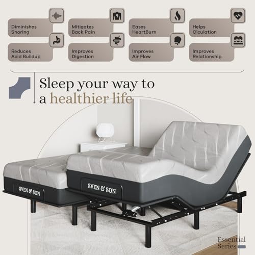 Sven & Son Essential Adjustable Bed Base (Frame) + 14 inch Hybrid Spring Matt (Medium Soft), Easy Assembly, Head and Foot Lift, Memory Positions, Zero Gravity, Wireless Remote - Split King