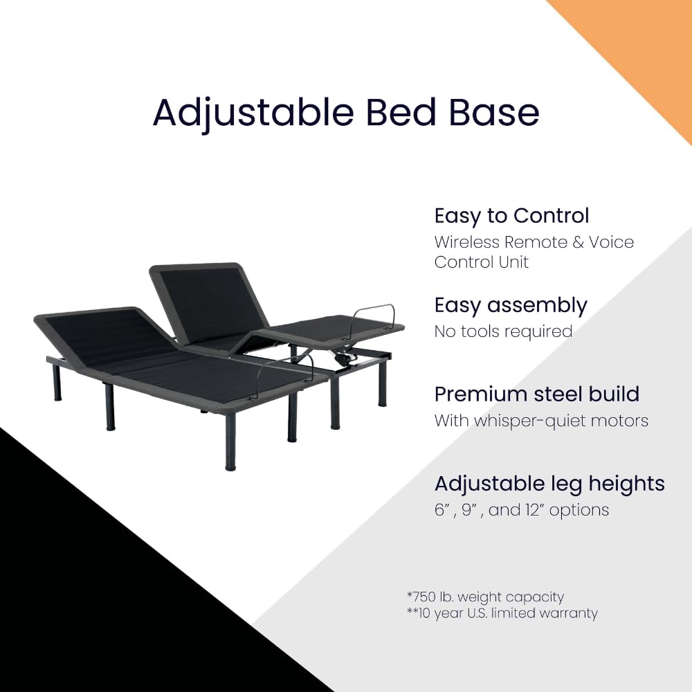 Bridgevine Home Split Flex Head Adjustable Bed Base Frame, Individual Head Incline on Either Side, Wireless Remote and Voice-Activated Controls, Queen Size