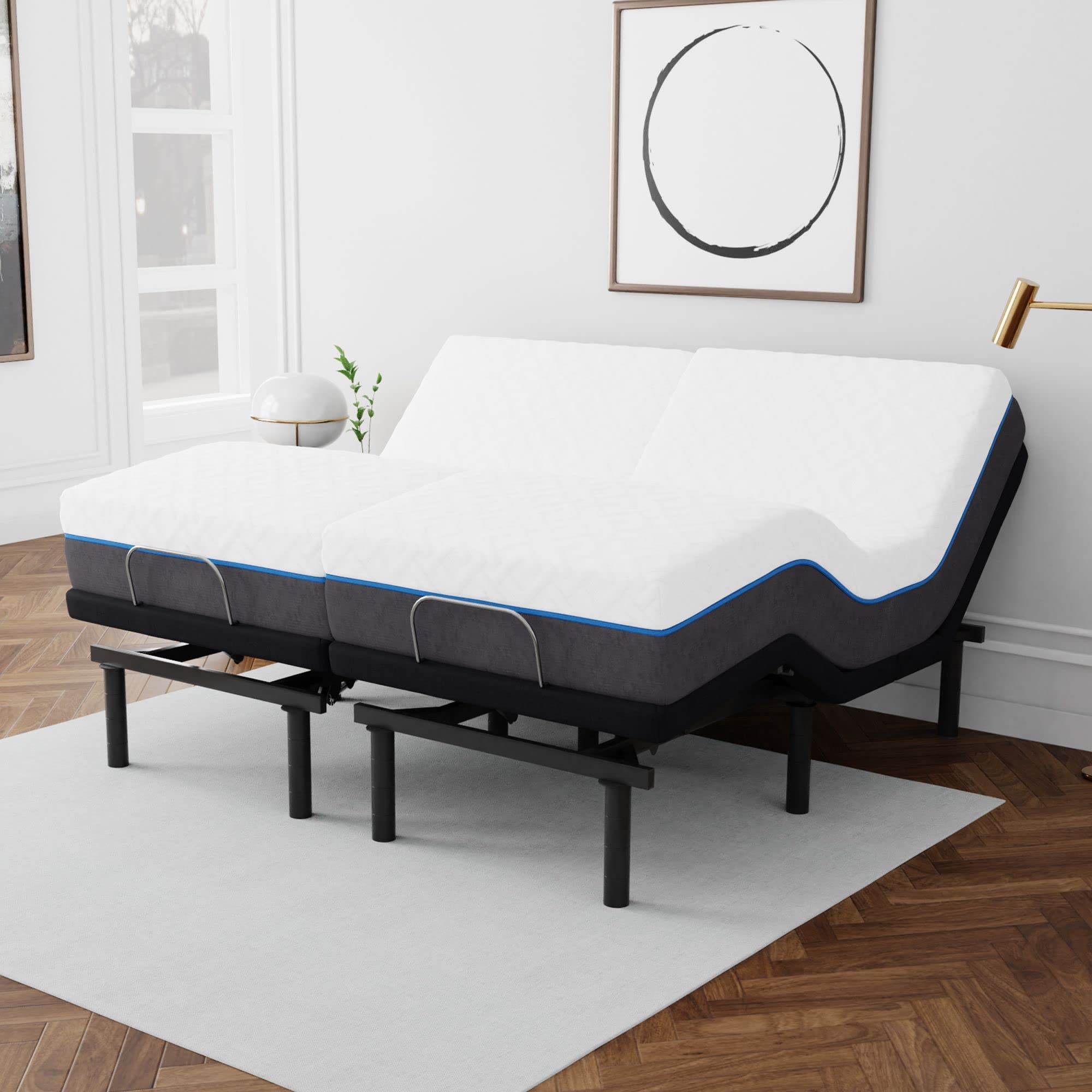 Blissful Nights e3 Split King Adjustable Bed Frame with Wireless Remotes, Head Up Foot Up and 12" Cool Gel Infused Premium Plush 6 Layer Memory Foam Mattress