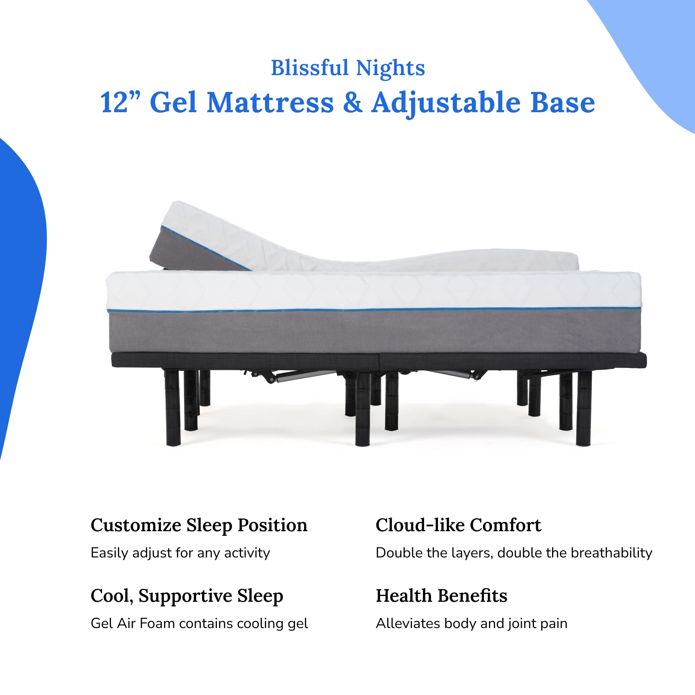 Blissful Nights e3 Split King Adjustable Bed Frame with Wireless Remotes, Head Up Foot Up and 12" Cool Gel Infused Premium Plush 6 Layer Memory Foam Mattress