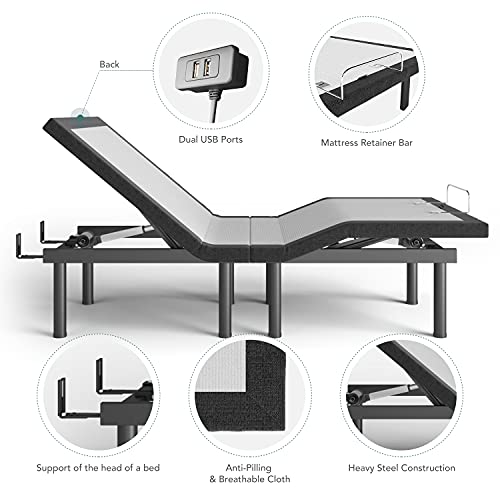 Furgle Adjustable Bed Base Frame Queen Ergonomic Adjustable Bed Base Double Motor Bed Frame with Massage, 2 USB Ports, Wireless Remote Control, Adjustable Mattress Retainer Bar