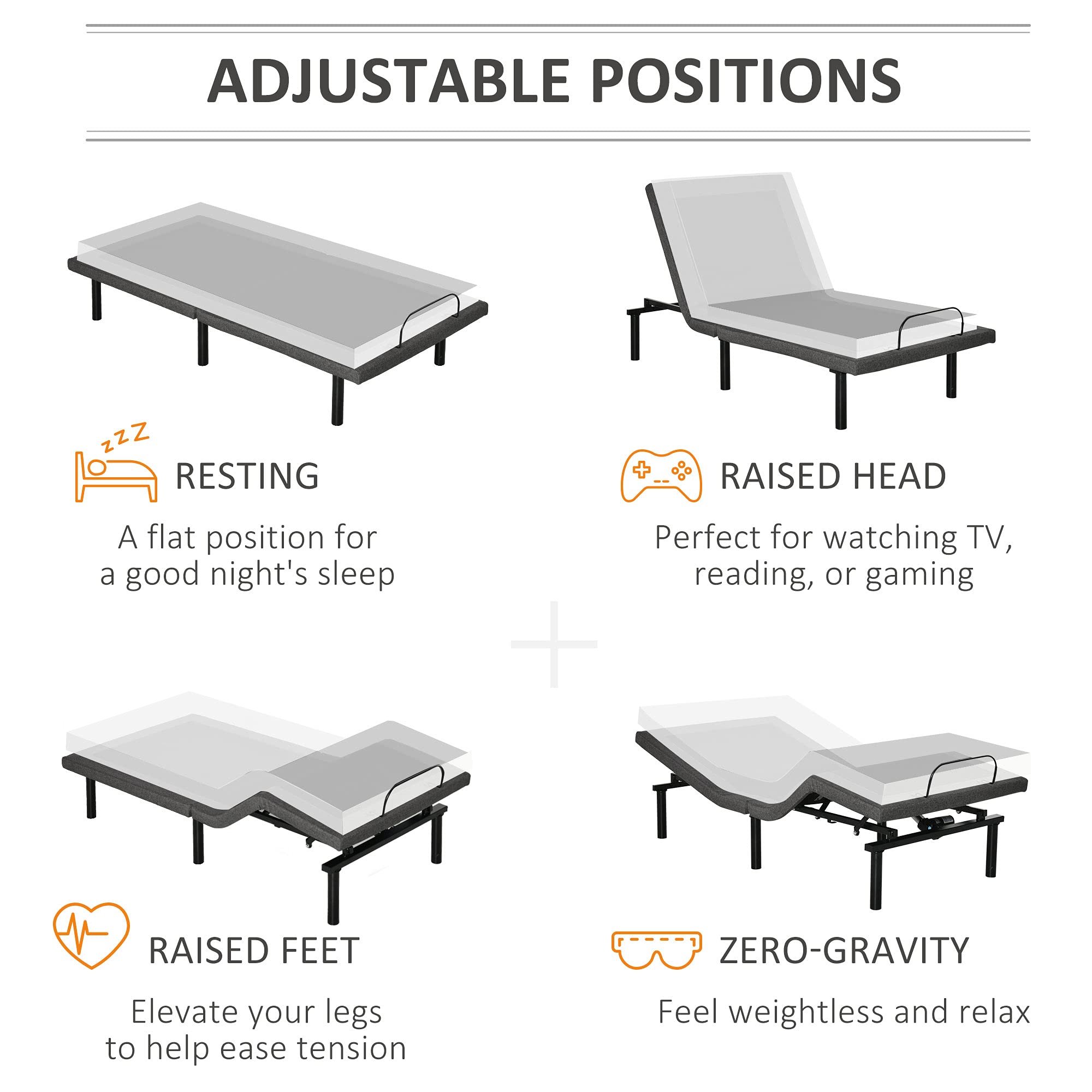 HOMCOM Twin XL Adjustable Bed Frame, Ergonomic Zero Gravity Power Bed Base with Head and Foot Incline, Memory, and Wireless Remote, Gray