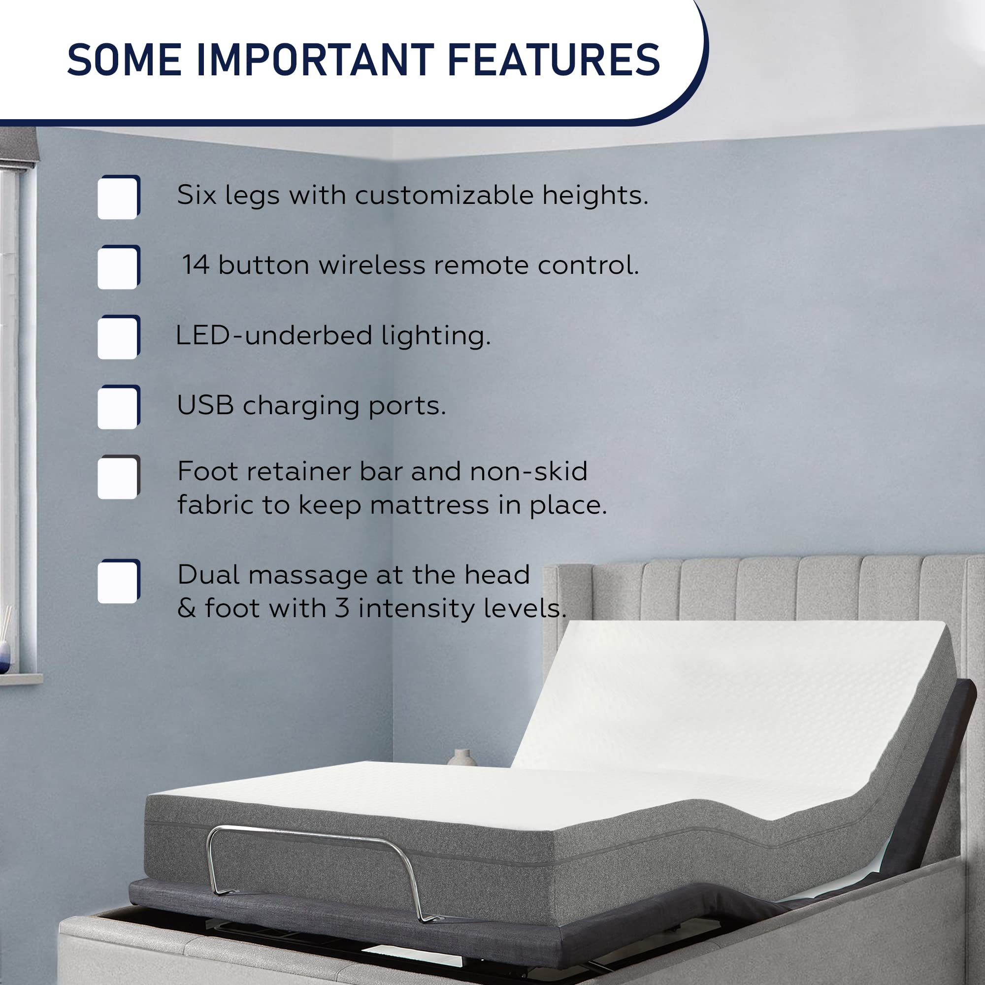 Nutan, 15" Split Adjustable Bed Frame Base with Mattress 3 Programmable Positions, Head and Foot Incline, Massage System, and LED Ambient Lighting, Made for All Types of Mattresses