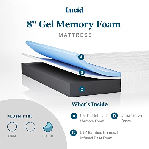 Lucid 8 Inch Queen Mattress - Plush Gel Memory Foam Mattress – Bamboo Charcoal Foam –Gel Infused- Hypoallergenic Foam Mattress