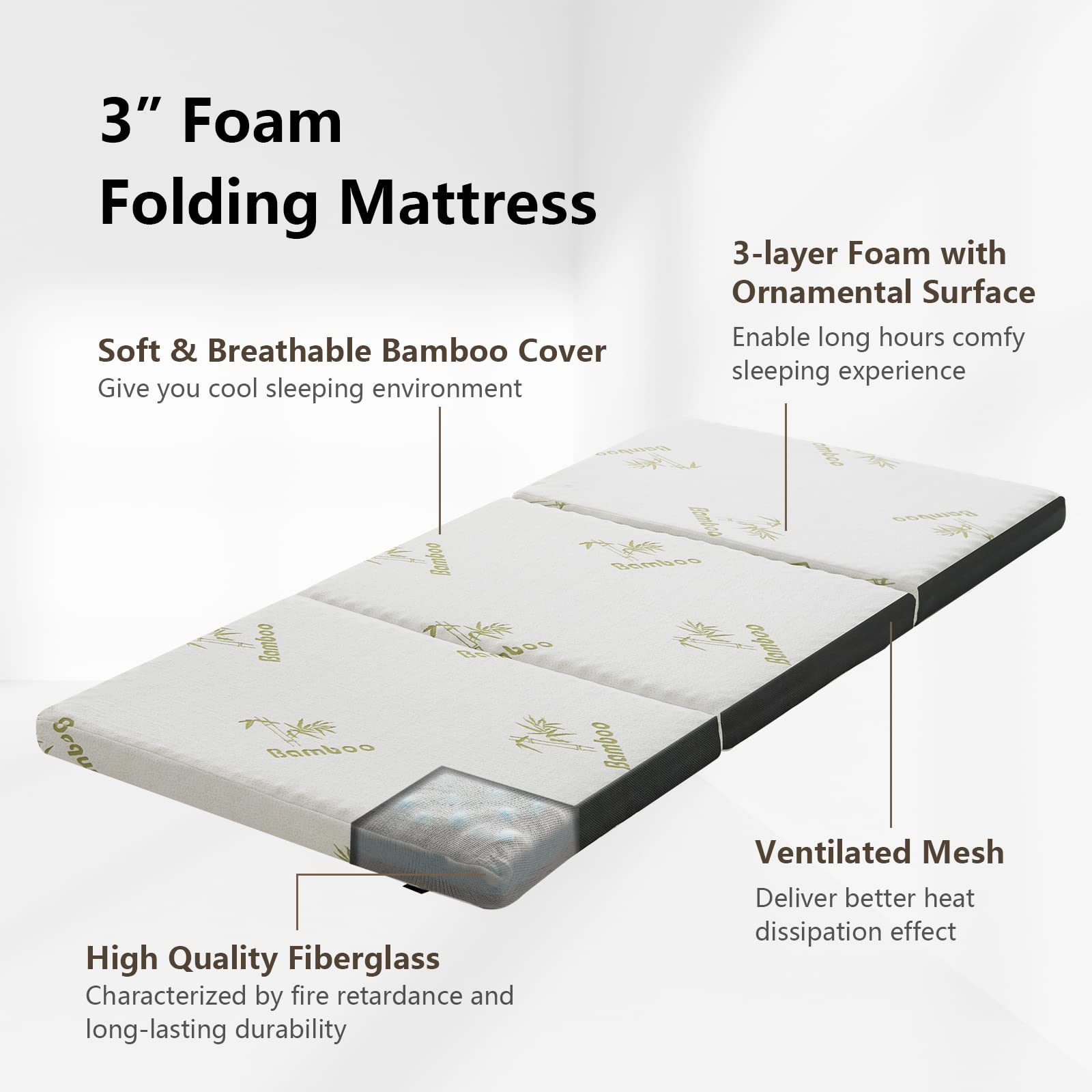 Giantex Folding Mattress Twin, 3" Tri-fold Memory Foam Mattress, Foldable Mattress Topper w/Soft Knit Fabric, Portable Mattress w/Carrying Bag for RV Guest Bed, CertiPUR-US Certified (Twin XL)