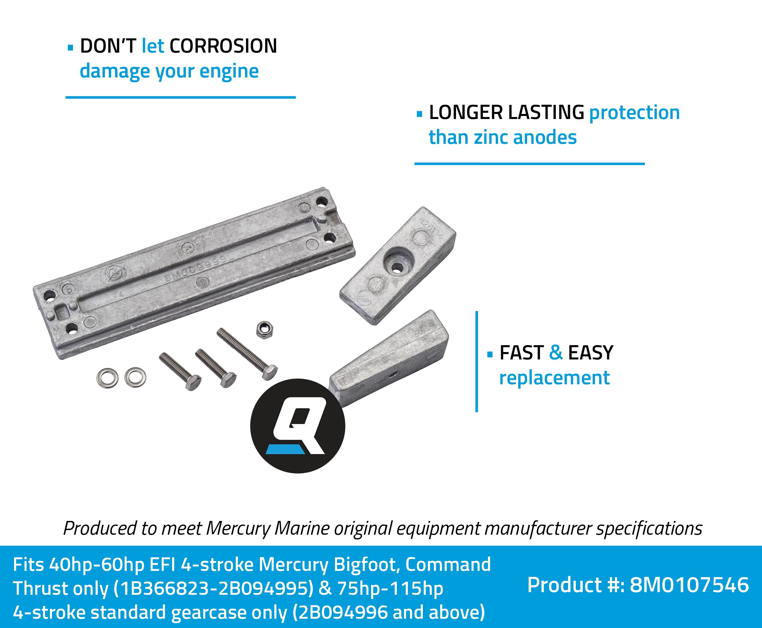 Quicksilver 8M0107546 Aluminum Anode Kit for Select Mercury 40-115 Hp Outboards