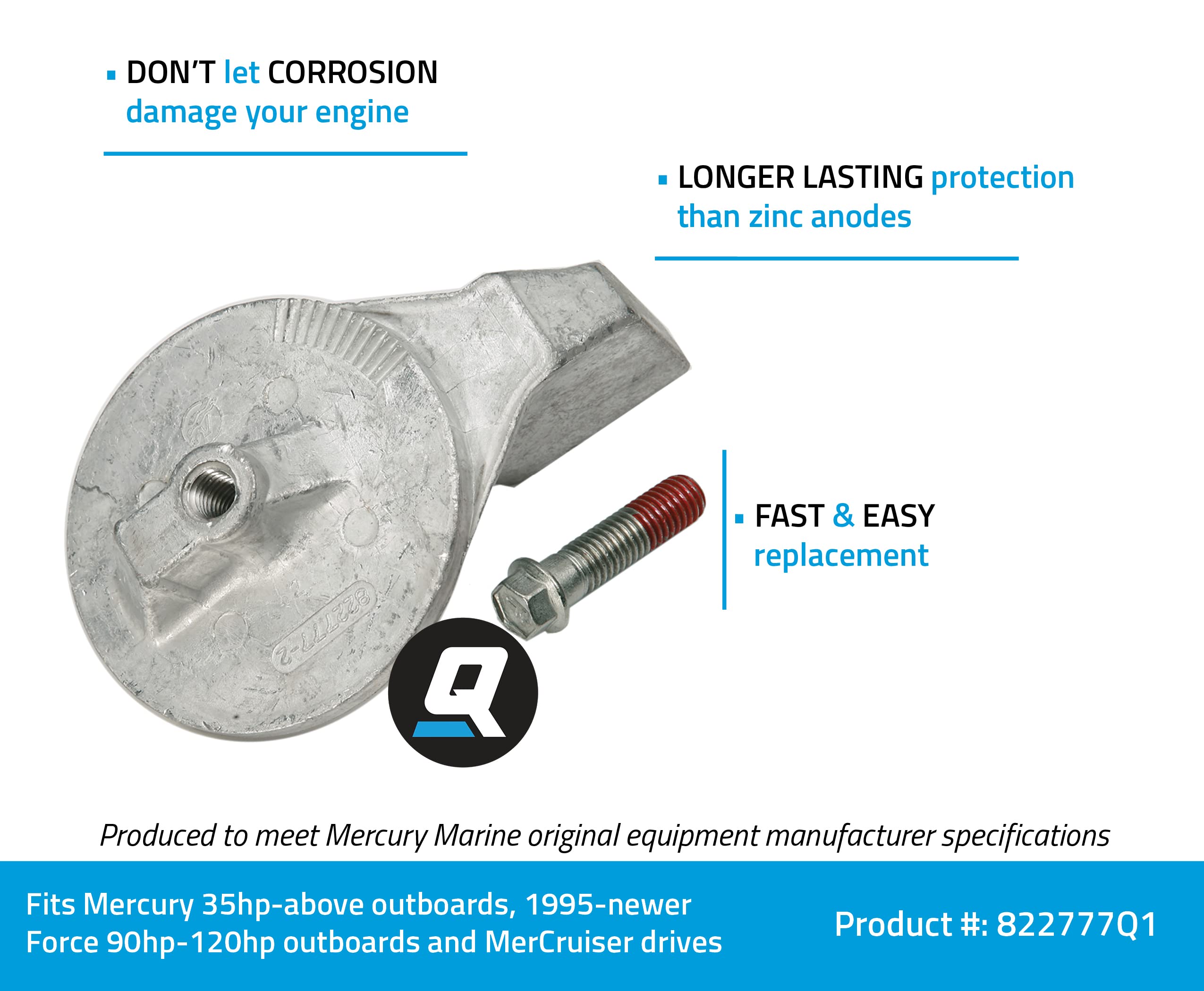 Quicksilver 822777Q1 Aluminum Trim Tab Anode for Mercury or Mariner Outboards and MerCruiser Stern Drives Using High Rake Propellers, Unspecified