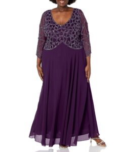 j kara women's plus size 3/4 sleeve geo beaded gown, plum/mercury/silver, 18w