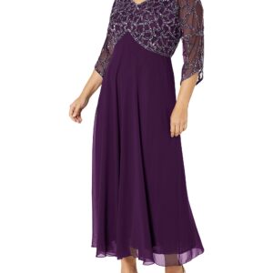 J Kara Women's Plus Size 3/4 Sleeve Geo Beaded Gown, Plum/Mercury/Silver, 18W