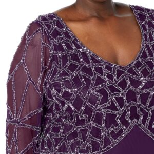 J Kara Women's Plus Size 3/4 Sleeve Geo Beaded Gown, Plum/Mercury/Silver, 18W