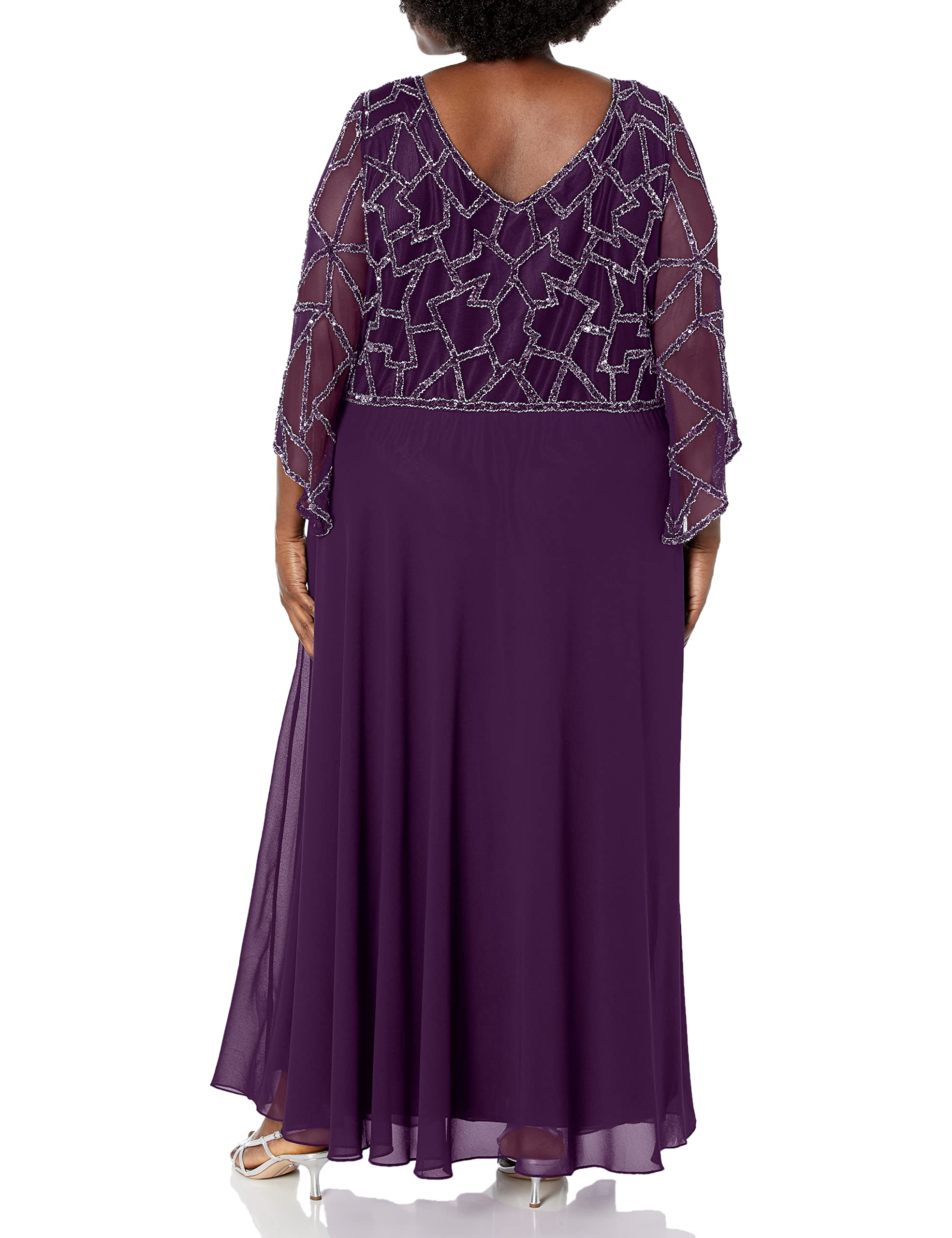 J Kara Women's Plus Size 3/4 Sleeve Geo Beaded Gown, Plum/Mercury/Silver, 18W