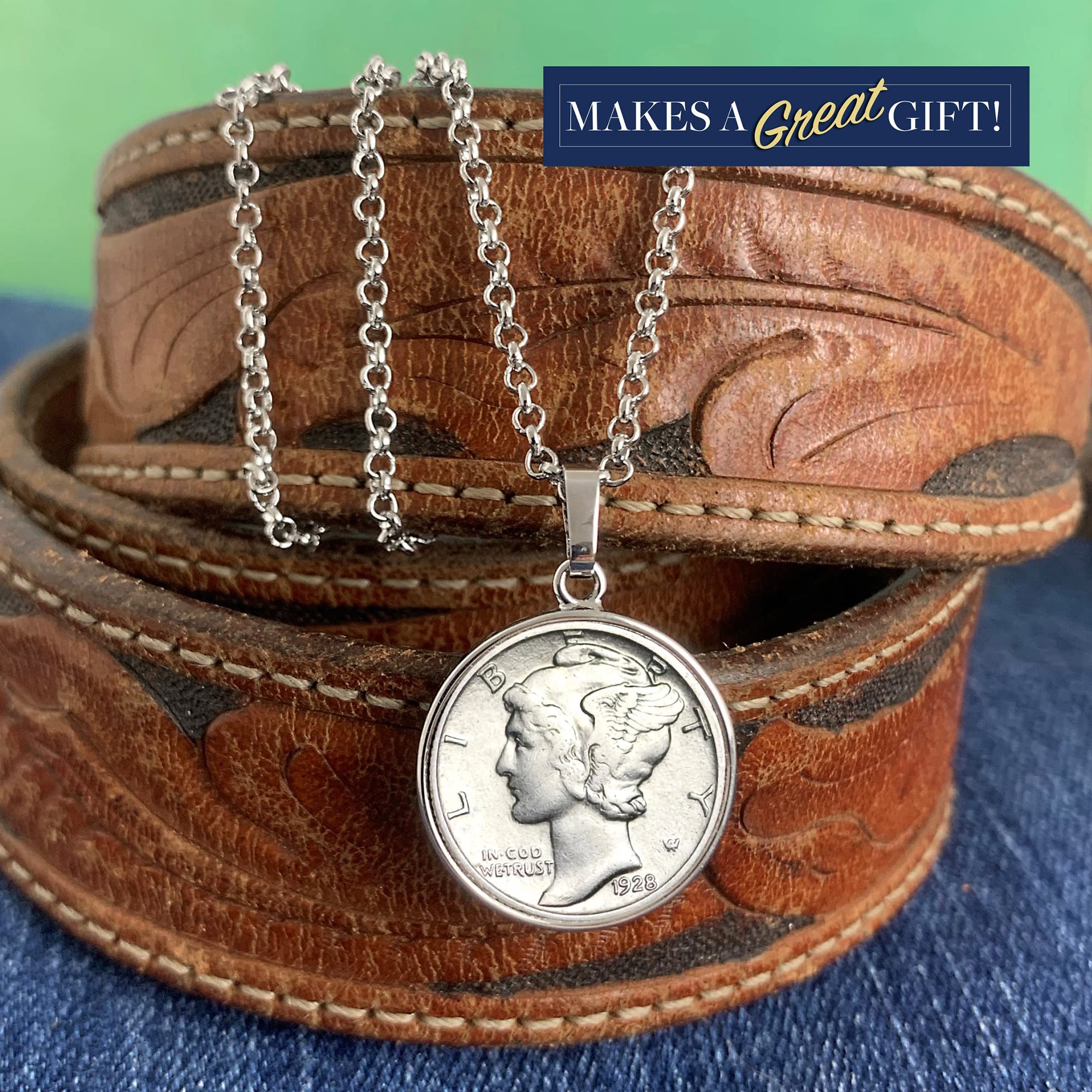 American Coin Treasures Silver Mercury Dime Silvertone Coin Pendant with 18" Cable Chain Necklace, Genuine and Elegant Keepsake Jewelry for Women, White Luxury Gift Box Included