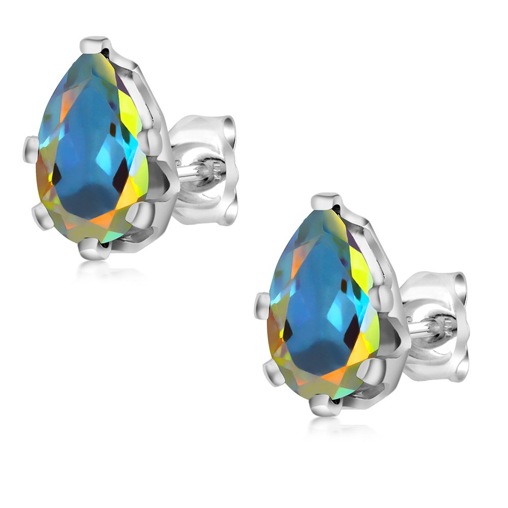 Gem Stone King 925 Sterling Silver Mercury Mist Mystic Topaz 6-Prong Stud Earrings For Women (2.00 Cttw, Pear Shape 8X5MM)