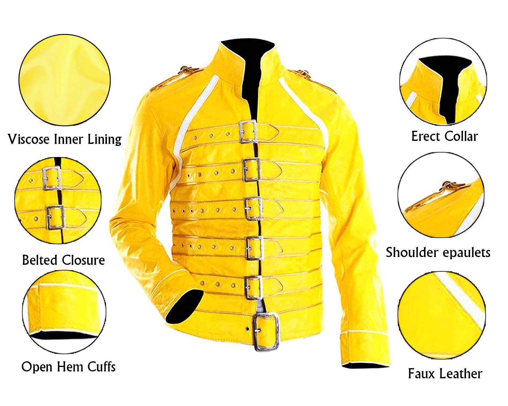 LP-FACON Mens Rock Star Costume Wembley Concert Yellow Cosplay Faux Leather Jacket