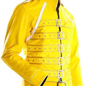 LP-FACON Mens Rock Star Costume Wembley Concert Yellow Cosplay Faux Leather Jacket