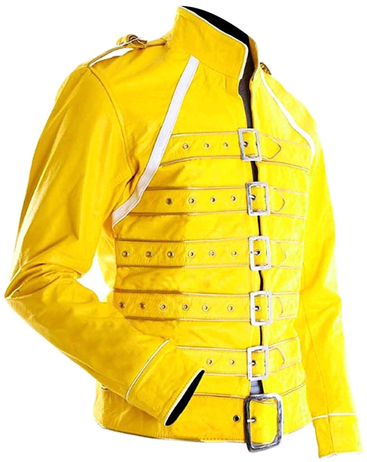 LP-FACON Mens Rock Star Costume Wembley Concert Yellow Cosplay Faux Leather Jacket