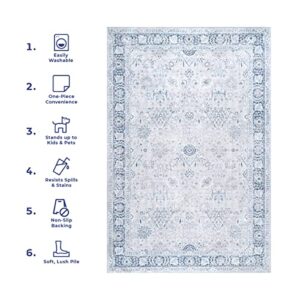 Rugs USA x Lauren Liess Bayberry Vintage Machine Washable Ultra Thin Area Rug, 5' x 8', Light Blue