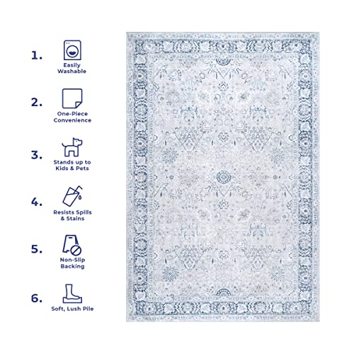 Rugs USA x Lauren Liess Bayberry Vintage Machine Washable Ultra Thin Area Rug, 5' x 8', Light Blue