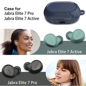 WAMOY Case cover for Jabra Elite 7 Pro | Elite 7 Active case Carbon fiber pattern Thickened TPU Anti-Drop Protective cover with Hook (Deep Blue)