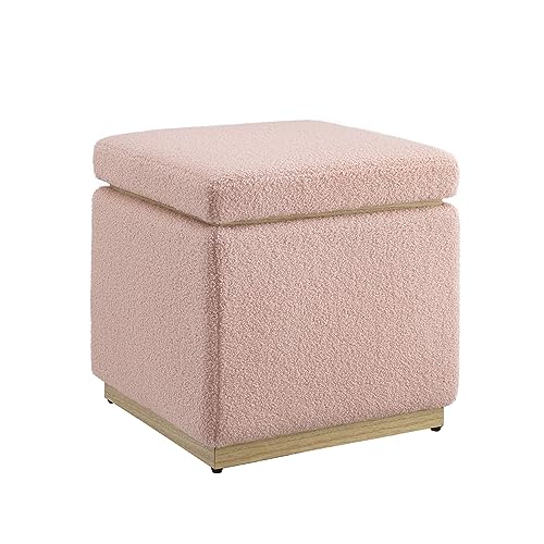 Linon Blush Sherpa Lexington Upholstered Square Storage Ottoman with Pine Wood Accent