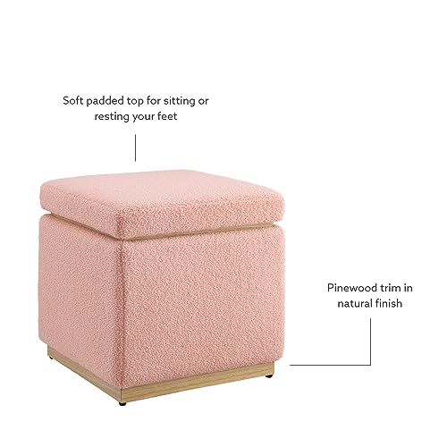 Linon Blush Sherpa Lexington Upholstered Square Storage Ottoman with Pine Wood Accent