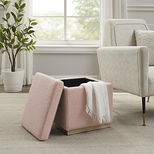 Linon Blush Sherpa Lexington Upholstered Square Storage Ottoman with Pine Wood Accent