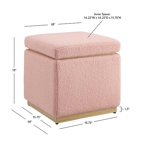 Linon Blush Sherpa Lexington Upholstered Square Storage Ottoman with Pine Wood Accent