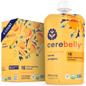 Cerebelly Baby Food Pouches – Organic Carrot Pumpkin (4 oz, Pack of 6) - Toddler Snacks - 16 Brain-supporting Nutrients, Healthy Snacks, Made with Gluten-Free Ingredients, No Added Sugar