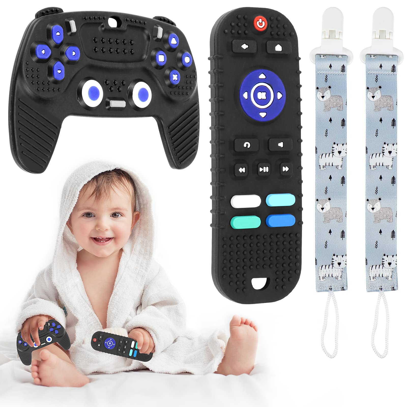 Zoyomax Silicone Baby Teether Toys, Game Controller Sensory Teether Toys Baby Teething Remote for Babies 6-18 Months, Teething Remote Control for Toddler Boy and Girl (Black)