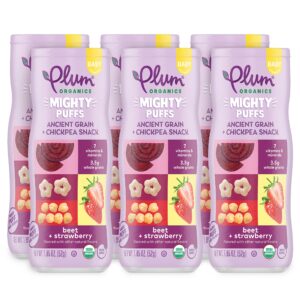 plum organics mighty puffs organic baby food - beet and strawberry - 1.85 oz canister (pack of 6) - ancient grains and chickpea snacks